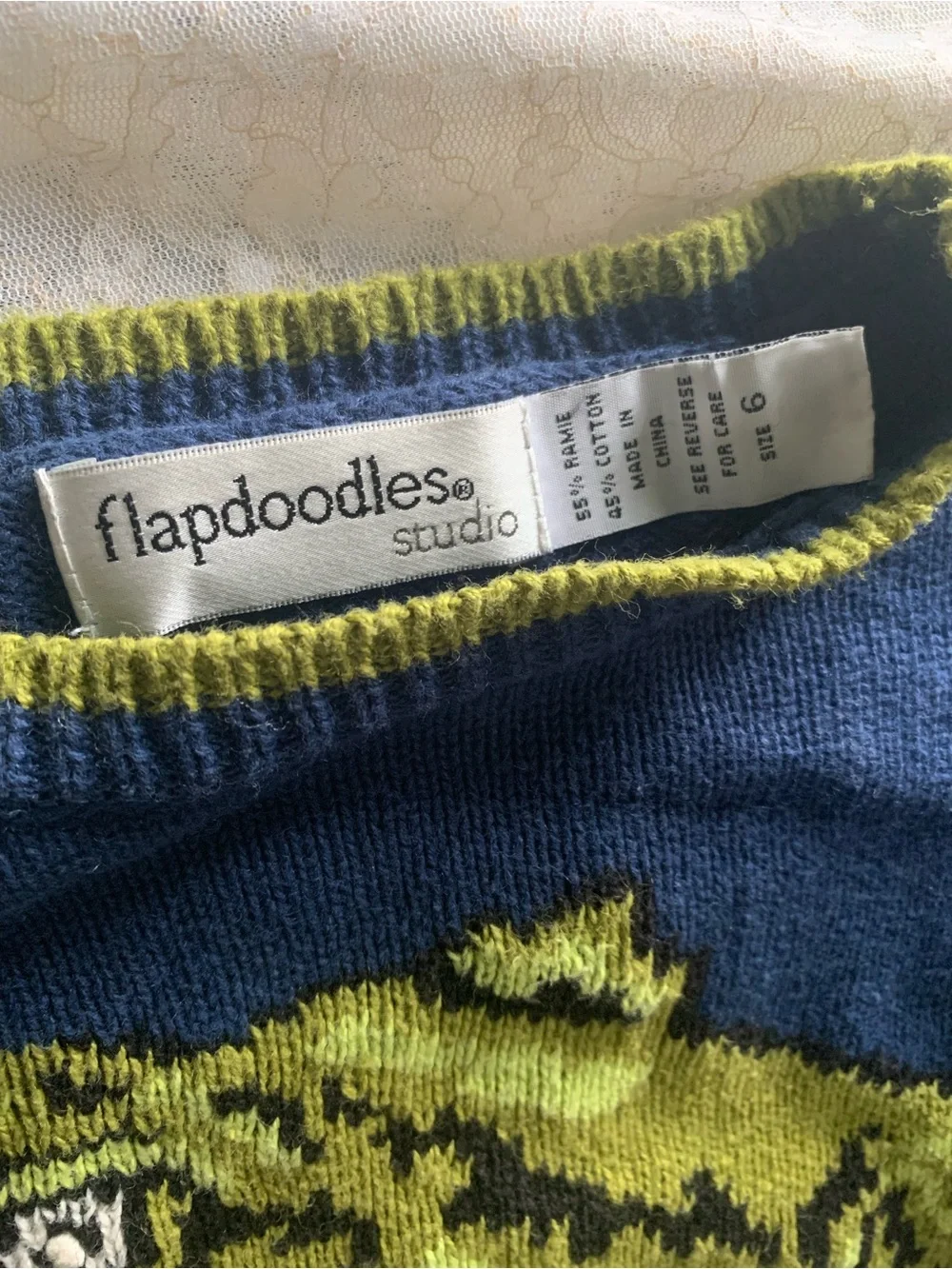 Vintage Flapdoodles Studio Kids 6 Blue Ramie Cotton T-Rex Dinosaur Knit Sweater